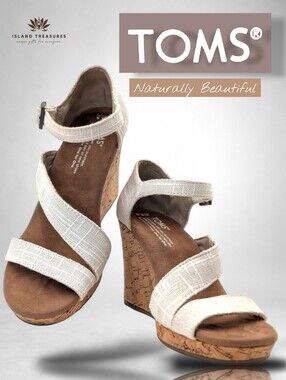 TOMS Clarissa Sz 6.5 Natural Woven Linen&Cork Wedge Oatmeal Sandal Comfy Footbed